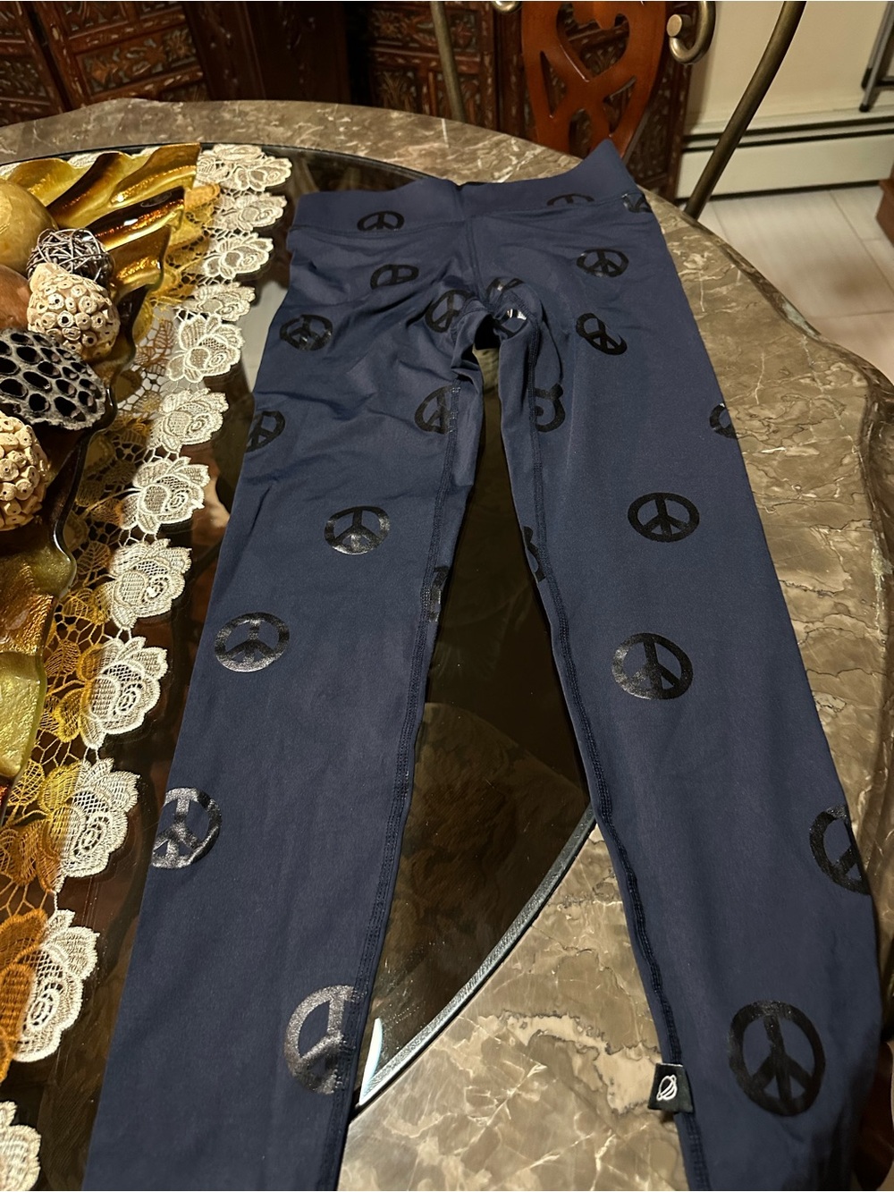 Terez Navy Leggings with Black Peace Sign Graphics